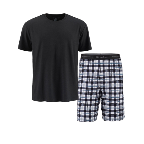 Pyjamas. Svart t-shirt med korta ärmar och randig shorts i bambu. Shorts har en elastisk midja och mönster i rutor.