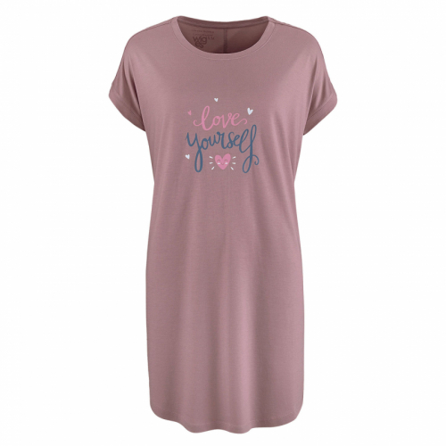 Nattlinne i bambu med kort ärm, rosa färg och texten "love yourself" i olika färger. Designen har hjärtmotiv.