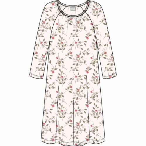 Nattlinne med lång ärm och blommönster i rosa och grönt på en ljus bakgrund. Varumärke: Trofé.