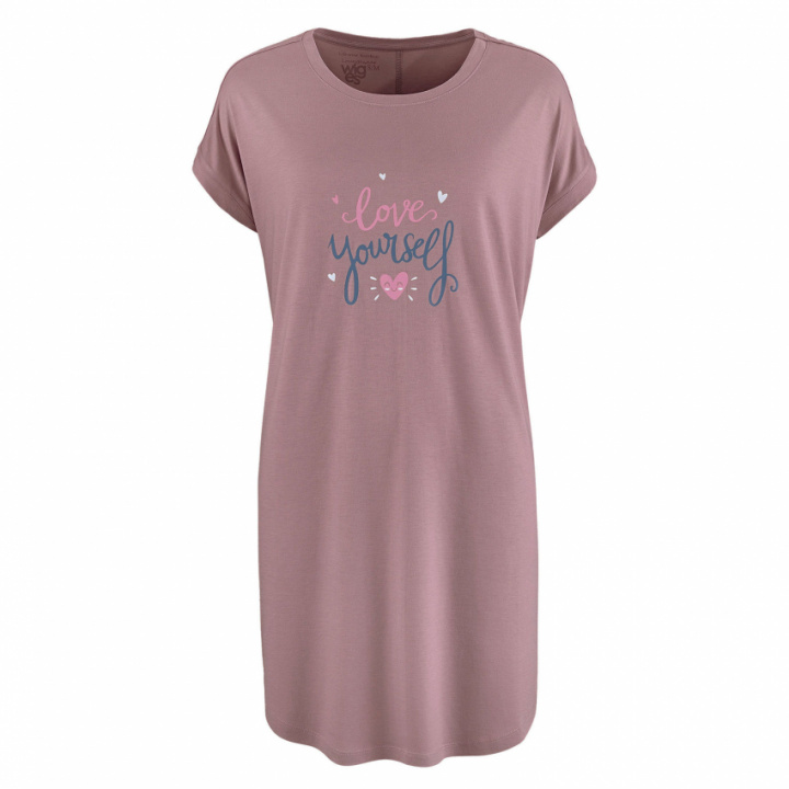 Nattlinne i bambu med kort ärm, rosa färg och texten 