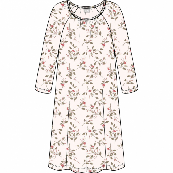 Nattlinne med lång ärm och blommönster i rosa och grönt på en ljus bakgrund. Varumärke: Trofé.